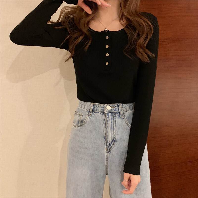 ヘンリーネックカットソーレディーストップスTシャツラウンドネックフロントボタン前開き長袖ドロップショルダー伸縮性無地薄シンプルカジュアル大人女子ボーイッシュメンズライク学生通学普段使い休部屋着