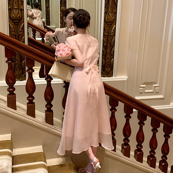 オリビア オーガンジー シースルー ハートネック シフォン 半袖 フレアワンピース op15973