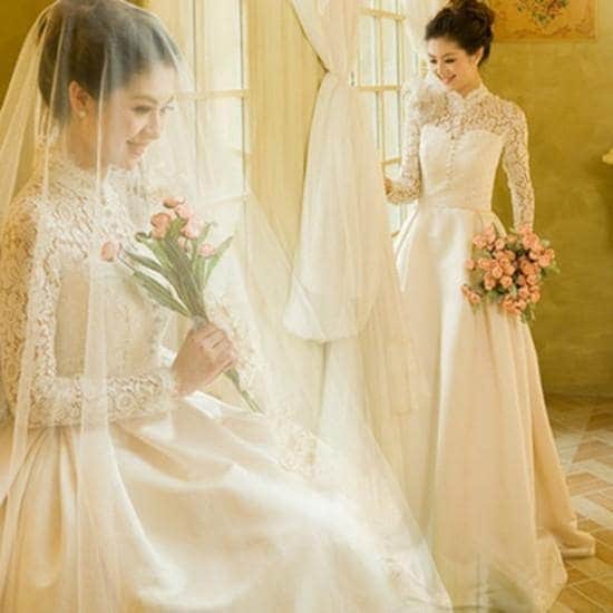 ウェディングドレス ロングドレス Aラインドレス 長袖 ロングスリーブ 切替 二次会 結婚式 前撮り 花嫁 ウエディングドレス サテン 挙式