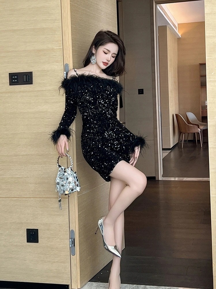 【JY.上品】 2024秋冬 キラキラ ショート 一字ネック ベアワンピ パーティードレス キャバ 着痩せ 大人 お呼ばれ 同窓会 披露宴 卒業式 結婚式 ウェディング 二次会 成人式