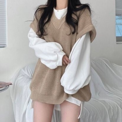 トップス セットアップ カットソー セーター ベスト 白トップス 袖あり 長袖 ボリューム袖 Vネック ニット 2点セット ブラウン グレー 個性的 S M L XL こなれ感 エレガント