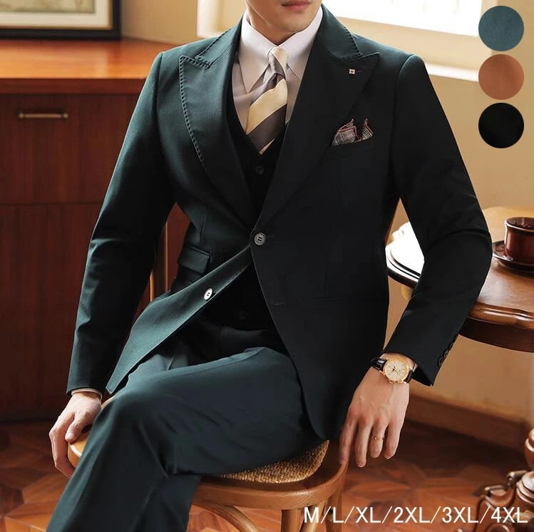 3ピーススーツ メンズ スーツセット シングルスーツ 韓国風 カジュアルスーツ ビジネススーツ スリムスーツ 3点セット ジャケット+パンツ+ベスト 結婚式スーツ セットアップ フォーマルスーツ 忘年