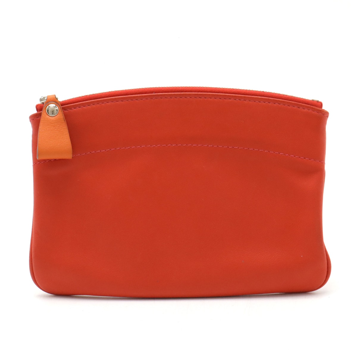 ポーチ 小物入れ メイクポーチ 化粧ポーチ レザー レッドオレンジ系 シルバー金具 X刻