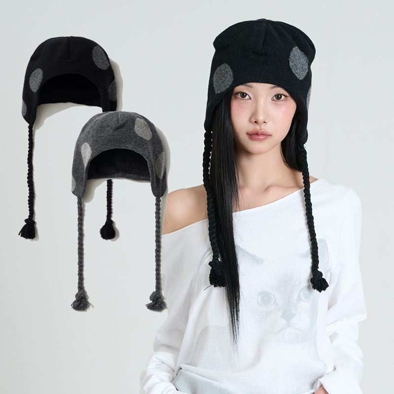 DOT EARFLAP BEANIE - BLACK, CHARCOAL