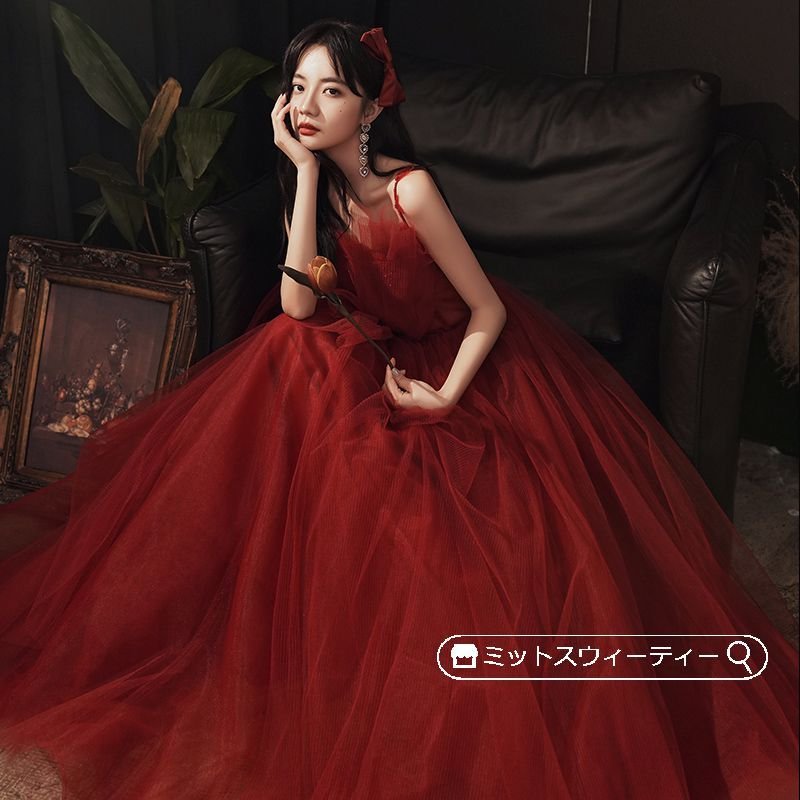花嫁 ロングドレス カラードレス チュール ノースリーブ バイオリン演奏会 赤 レッド 結婚式 二次