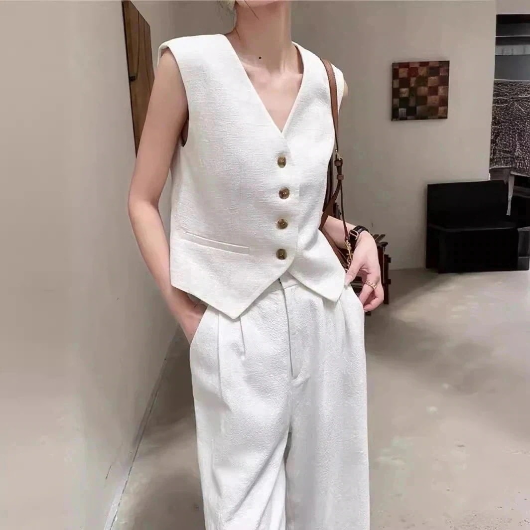 【急速出荷!】24 涼しく楽ちんセットアップ ホワイト人气新作 L 通勤ノースリーブ スーツ レディース 上下セット ベスト+ワイドパンツ韓国ファッション