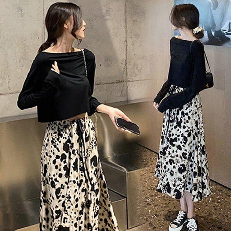 安い商品 今日だけ セットアップ レディース 40代 秋新作 長袖Tシャツ ボートネック ヒョウ柄フレアスカート黒白 上下セット オシャレワンピース 大人 セクシー 韓国 3枚購入で350円OFF