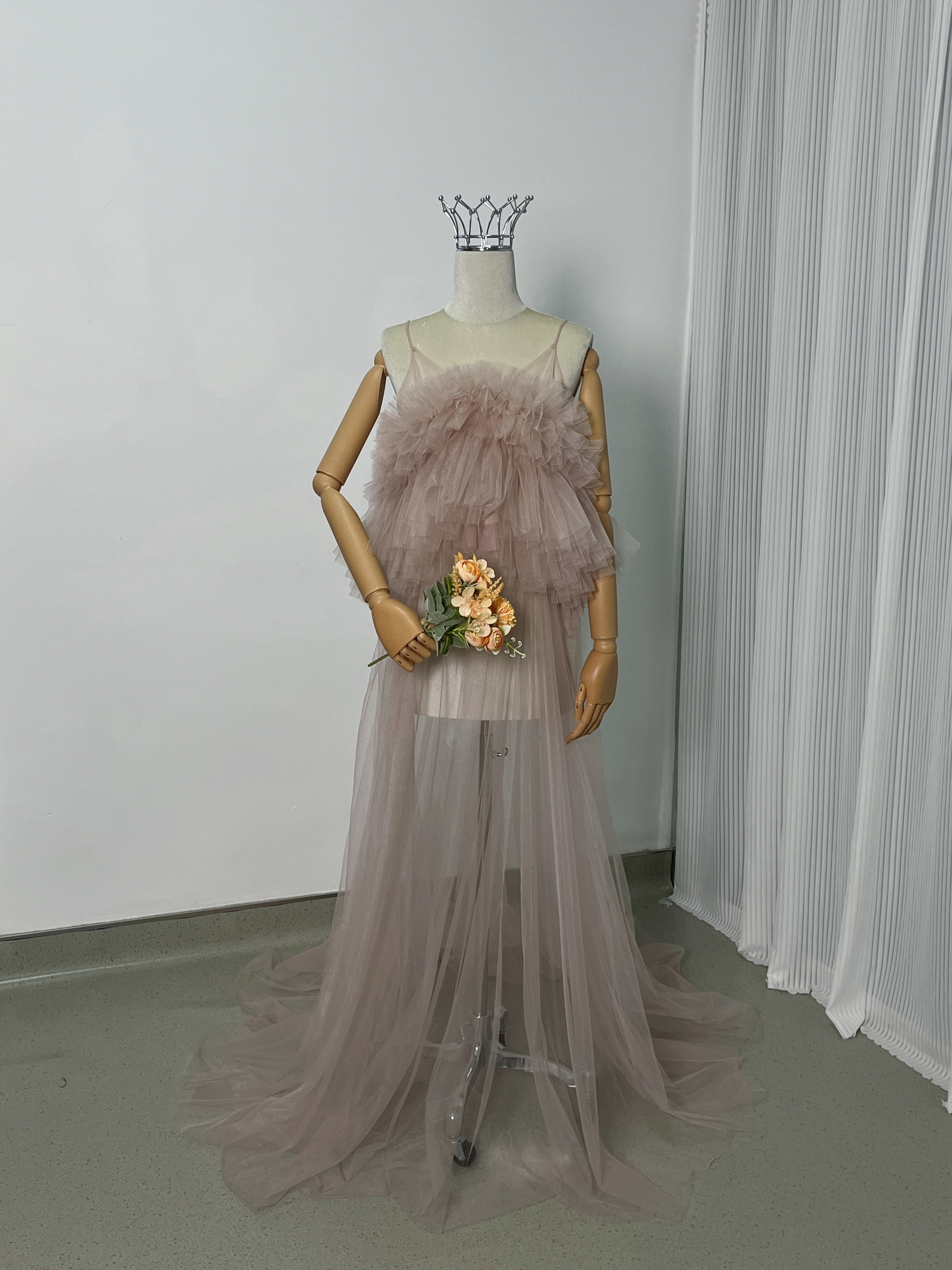 オーバードレス あんこピンク キャミソール 胸元フリル ソフトチュール 妊婦 前撮り