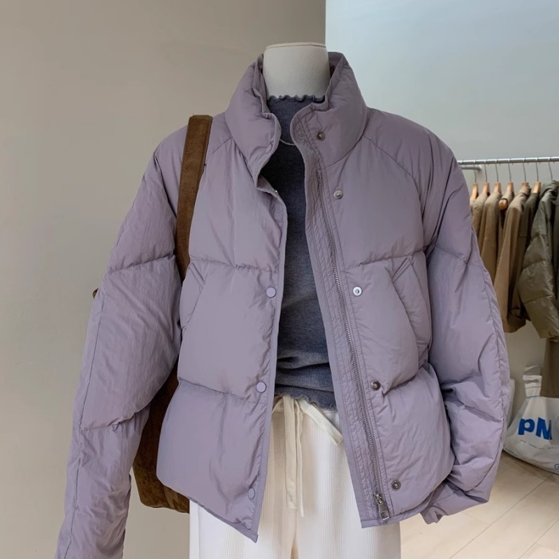 女性用プロポーションスリムショートパープルコットンコート軽くて暖かいルーズシルエットスタンドカラーアウタージャケット冬