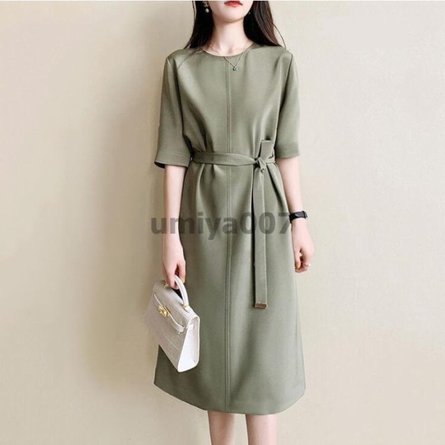 ワンピース レディース 夏 5分袖 半袖 膝丈 ワンピース きれいめ Iライン 春夏 オシャレ 体型カバー ロング丈 ロングワンピース ゆったり