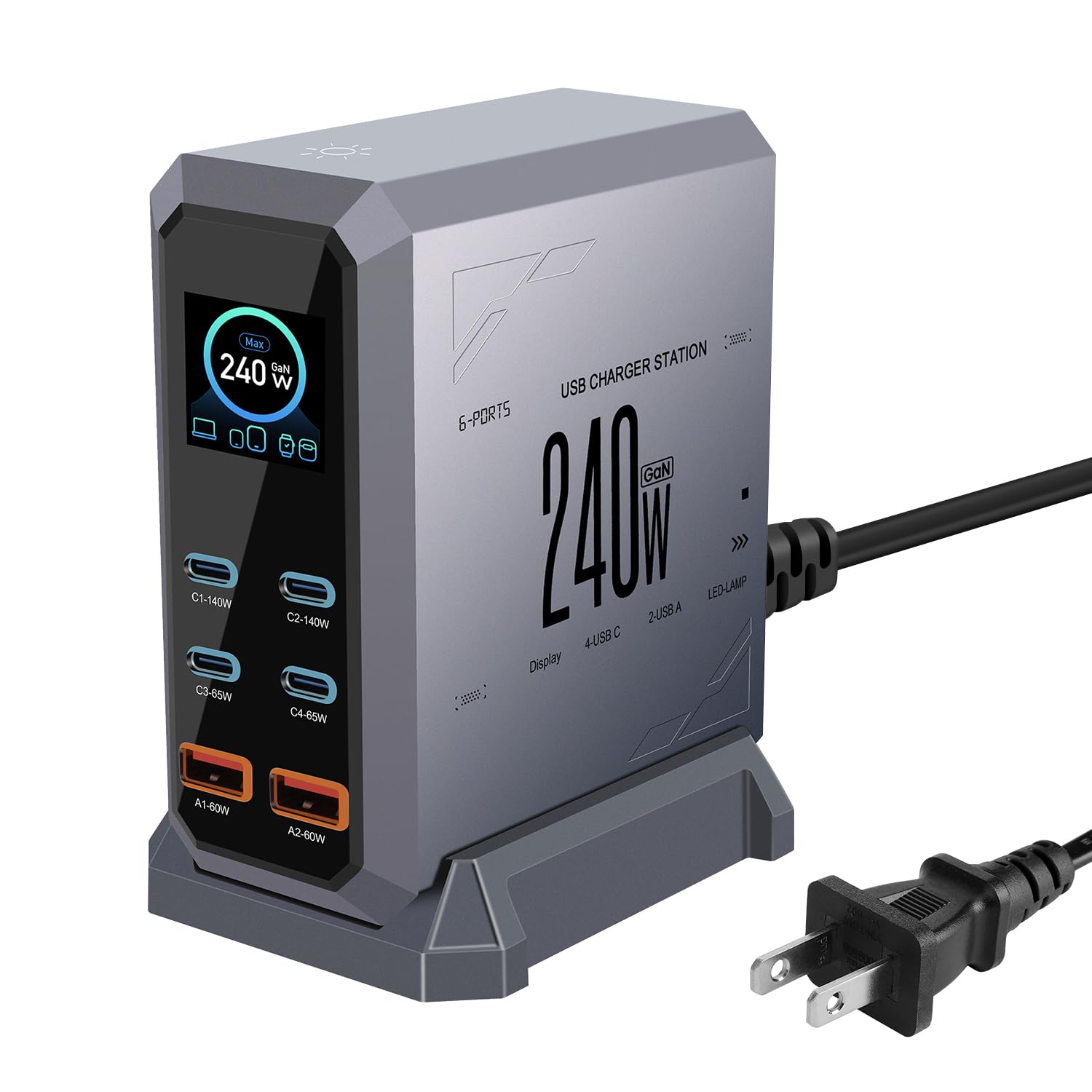 充電器 240W pd 充電器 USB コンセント「単ポート140W/PD3.1PPS対応/ディスプレイ搭載」6ポート同時充電 4USB-C&amp2USB-A GaNFastチップ PSE認証 ノー