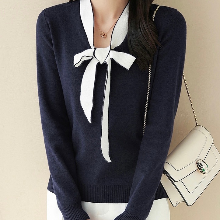 トップス セーター レギュラー丈 袖あり 長袖 Vネック 襟なし スリム 細身 リボン プルオーバー ニット 大人可愛い きれいめ シンプル カジュアル 大人 上品 お洒落 レトロ 大人女子 こなれ感