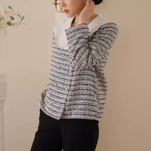 レディース ジャケット コート 上着 レギュラー丈 長袖 Vネック 襟付き 丸襟 セーラーカラー ワイド シフォン 前開き ツイード コンサバ ボタン Wボタン 異素材ミックス ラメ感 大人可愛い