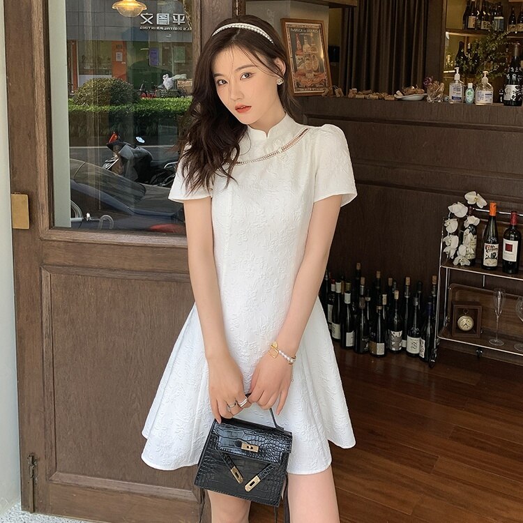 ワンピース レディース ワンピドレス チャイナワンピ チャイナドレス ミニ丈 膝上 袖あり 半袖 スタンドカラー ジャガード ホワイト フレア Aライン かわいい おしゃれ ガーリー イベントパーティ