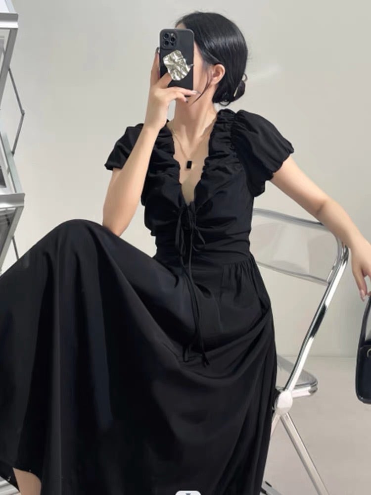 【M-4XL】Vネックブラックワンピース シャーリング ブラックワンピース. ロングワンピース パフスリーブ レディース ワンピース ドレス サマーワンピ 半袖ワンピース 綺麗め 上品 デート