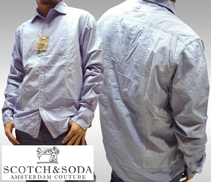 訳ありアウトレット スコッチ&ソーダ スコッチアンドソーダ scotch&soda メンズ 長袖 シャツ マルチストライプ ブルー ホワイト ダブルボタン トップス カジュアル サーフ セレブ
