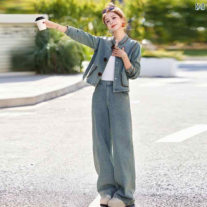 デニム　スタイル　レディース　 チャイナ風 ステッチ デニムファッション スーツ 女性 2025 春 レトロ カジュアル ツーピース