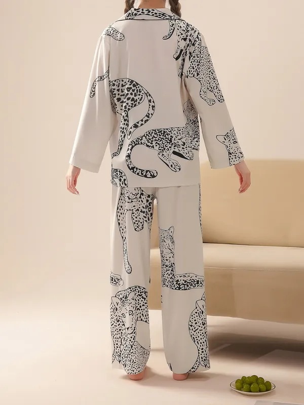 納期3週間程：女性用ヒョウ柄パジャマセット,長袖,パンツ,シンプル,無地,2ユニット