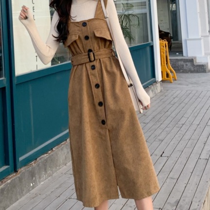 コーデュロイジャンバースカートセット トップス ワンピース ワンピース カットソー ミモレ丈 長袖