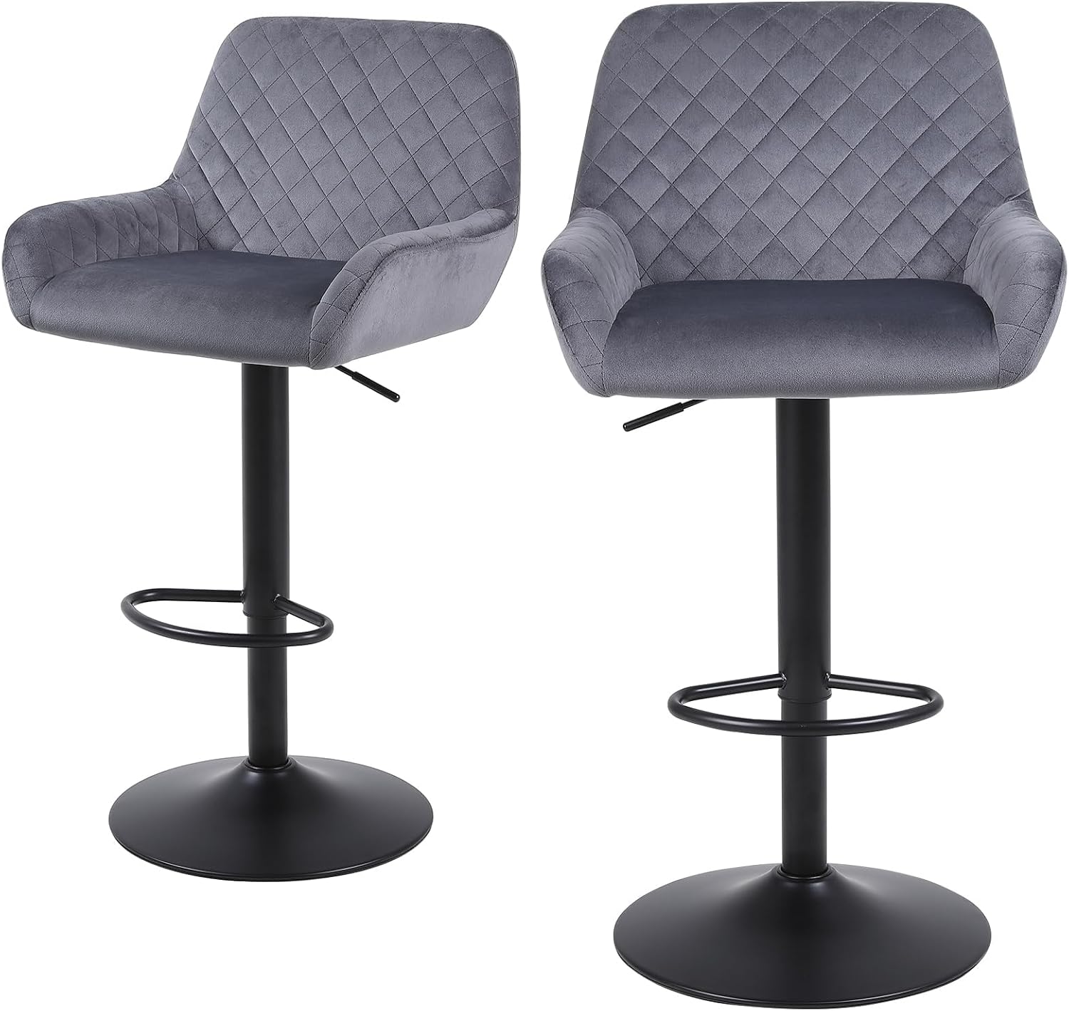 Youhauchair カウンターチェア ベルベット生地 高さ調節可能 回転式バーチェア 背もたれ 肘掛け付き 足置き バースツール バーカウンターキッチン用 2脚セット-グレー