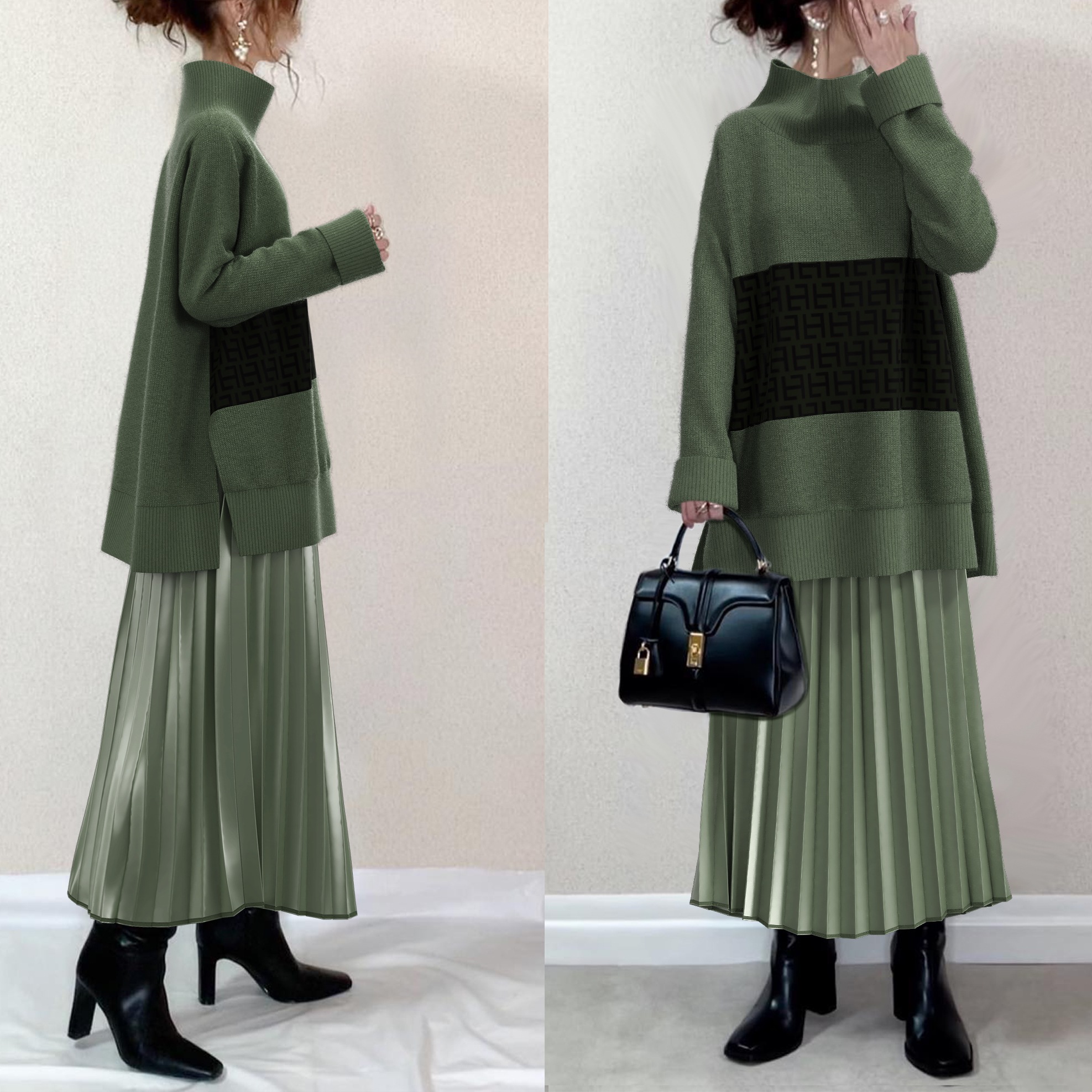 【人気上昇中】 配色長袖シンプルカジュアルスリットギャザーハイネックニット+レギュラーウエストAラインスカートワンピースセット