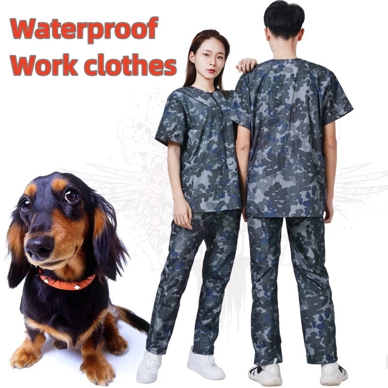 ペット犬グルーミング作業服ペットショップ防水制服帯電防止ガウンノンスティックヘア美容師ローブ迷彩セット Y0520