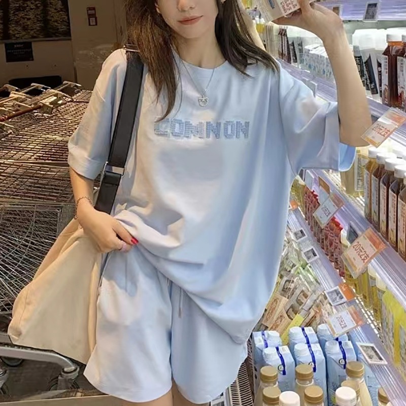 カジュアルスポーツスーツ女性の新ゆったり着やせ半袖Tシャツハイウエストワイドパンツ2点セット