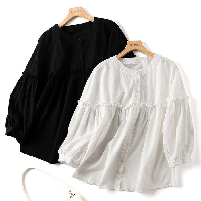 【急速出荷】ブラウス レディース トップス シャツ 7分袖 前開き チュニック ロング 綿 コットン ゆったり 春 夏 森ガール 体型カバー 白 黒 きれいめ 大人可愛い コーデ自由 洗える 七分 通