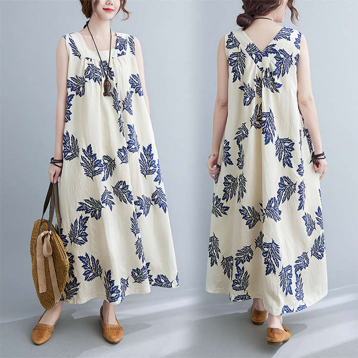 ワンピース マキシワンピース チュニック ロングワンピ ロング ノースリーブ キャミ vネック 葉柄 体型カバー リゾートワンピース 夏 Aライン 着痩せ 30代 40代 綿麻【短納期】