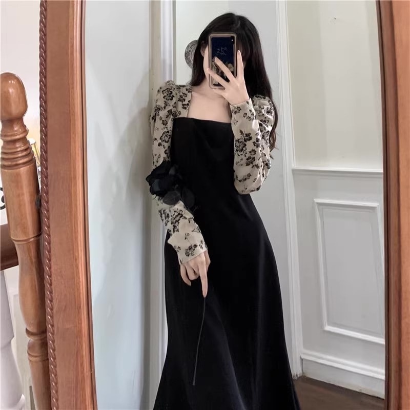 レディース ドレス パーティードレス ワンピース ミドル丈 ミモレ丈 Aライン スクエアネック カラー切り替え プリント フラワー こなれ感 スタイルアップ モノトーン 大人かわいい 4,963円