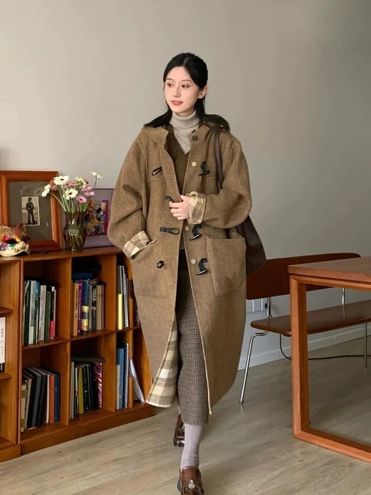 リバーシブル秋冬レトロ格子柄リバーシブルオックスホーンボタンウールコートツイードジャケット女性