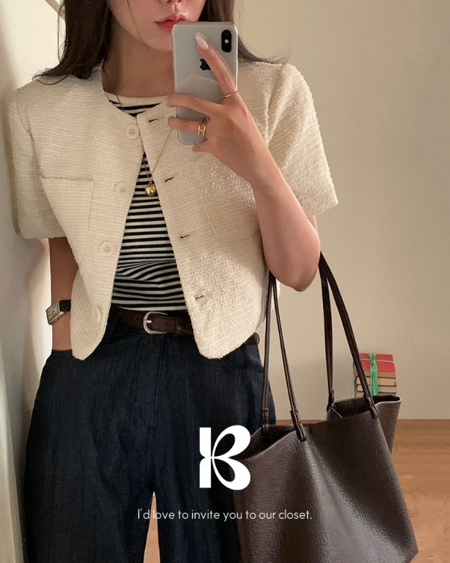 [MADE] ノーカラー半袖ツイードジャケット jk1133