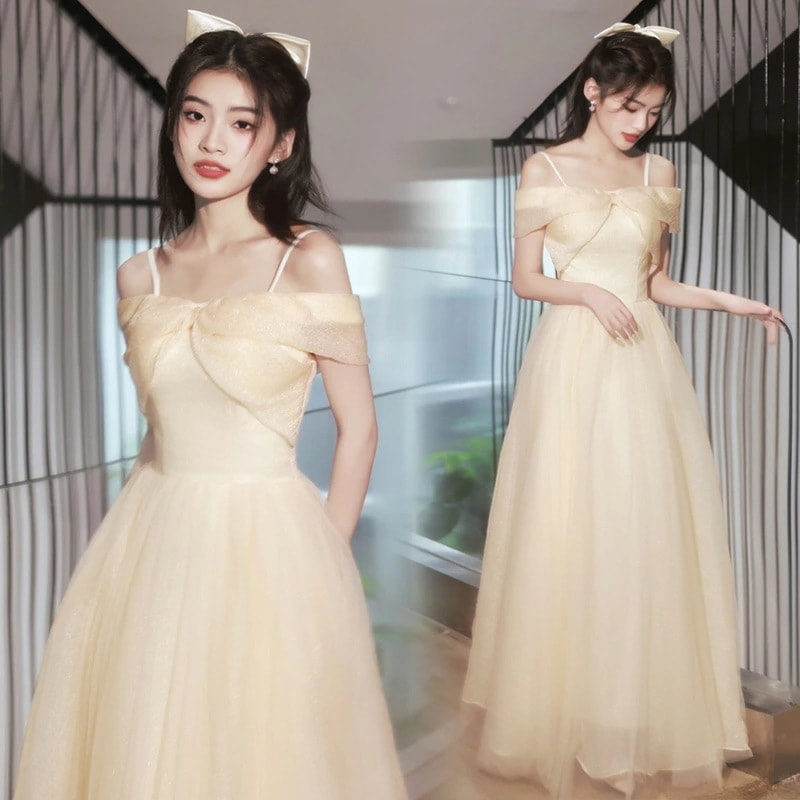 結婚式ドレス 二次会ドレス シャンパン色 オフショルダー キャミドレス リボン 可愛い ロングドレス イブニングドレス 結婚式 パーティードレス 発表会ドレス イブニングドレス ロング Aライン XS