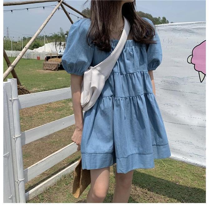 春 夏 デニムワンピース 半袖 レディース Aラインワンピース 体型カバー 夏 半袖ワンピース スクエアネック ショートワンピ サマーワンピース