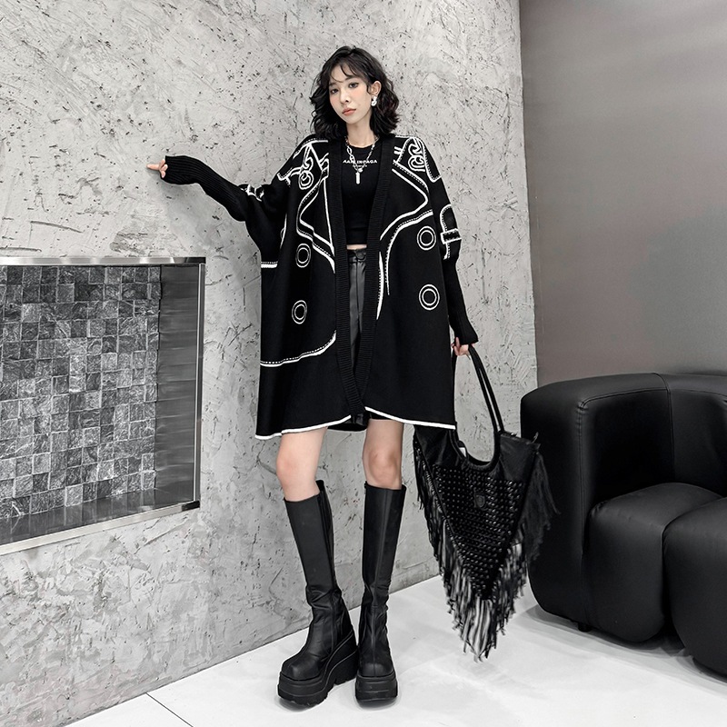 【Noir Mode】 秋冬 カーディガン ニット セーター デザイン性 ブラックコーデ 大きいサイズ レディース 体型カバー ニットトップス アウター