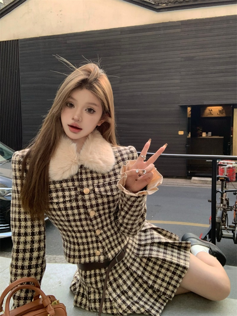 1色XS-L韓国モックネックチェックのショート丈アウター女子秋冬ムードスーツハイウエストプリーツ半身スカート2点セット