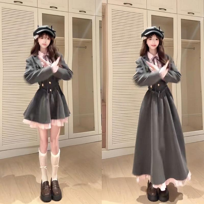 ロールプレイングワット雰囲気JK制服甘いプレッピースタイルジャケットウエストドレス冬ドレス秋2点セット