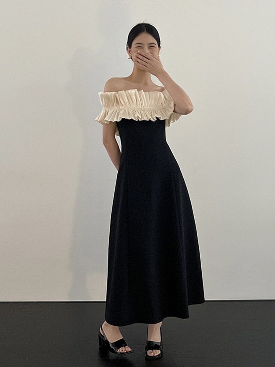 黒標高定金フランス名媛一字肩ワンピース女性二着ドレススカート11133