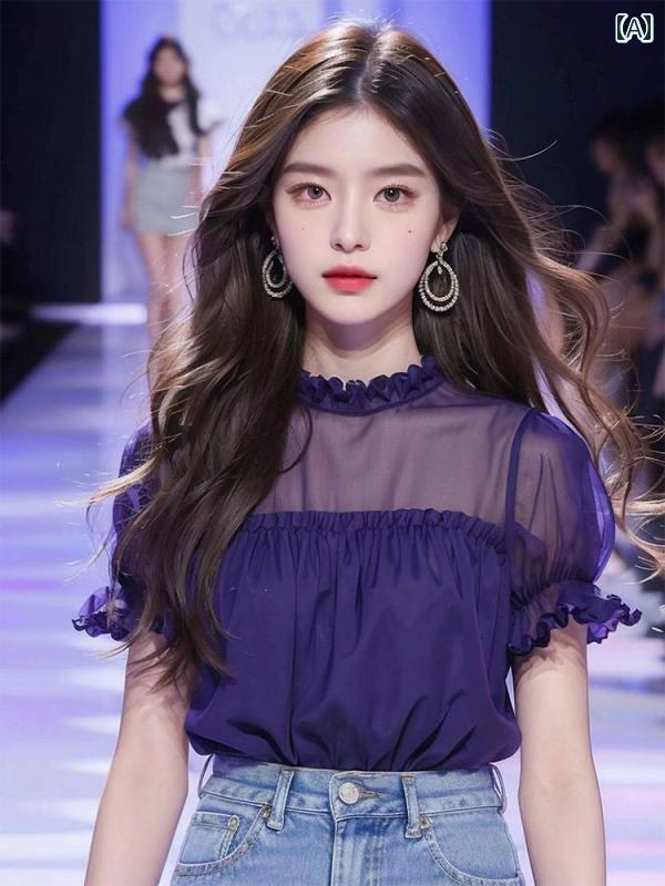 レディース ファッション ユニーク 高貴 紫 継ぎ接ぎ 半袖 シャツ 美しい シャツ 夏 5,684円