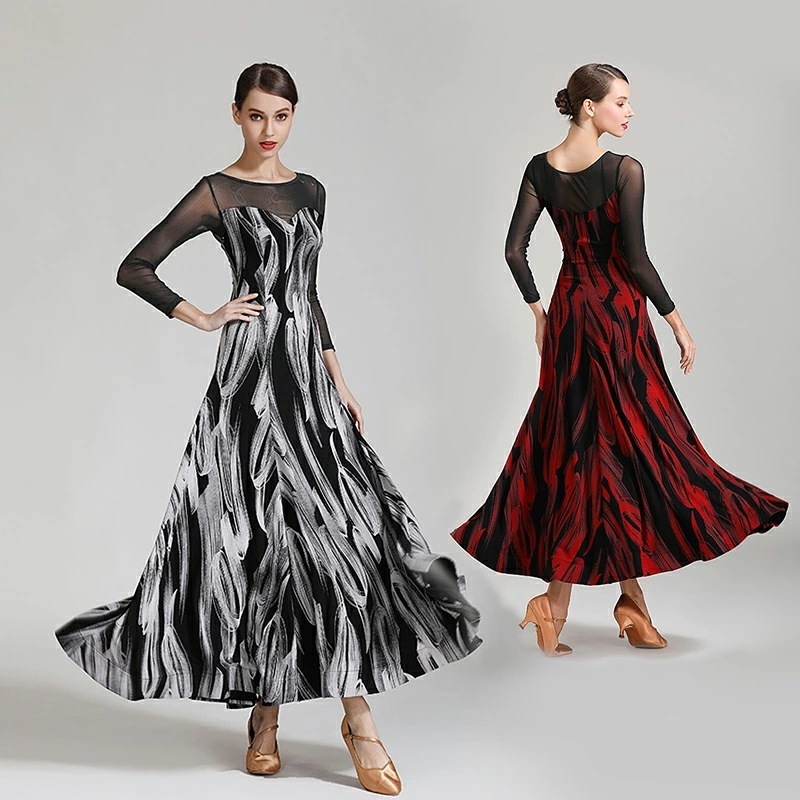 超人気,高評価!!社交ダンス 衣装 モダン ドレス ラテン ウェア 広がる裾 ロングドレス 競技着 練習服 ワルツ レース インターナショナルダンス ワンピース スタンダード 演出用 ブラック　ワイン