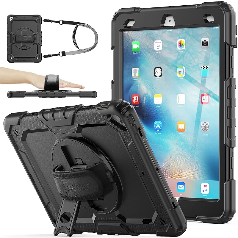 SEYMAC stock iPad Air3/iPad Pro 10.5インチ ケース 耐衝撃 保護フィルム付き ペン収納 360回転スタンド ハンドストラップ ショルダーストラップ 全面保護カバー