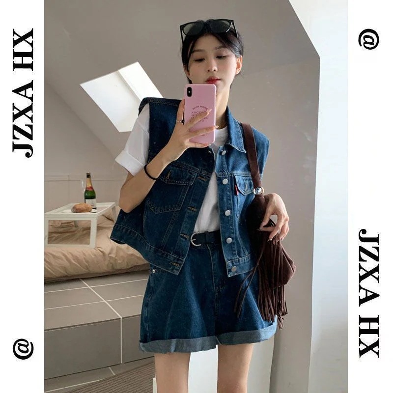 涼しく楽ちんセットアップ レディース夏用大きいサイズデニムベストショートツーピーススーツピュアラストスモールショーツルームウェア 韓国ファッション