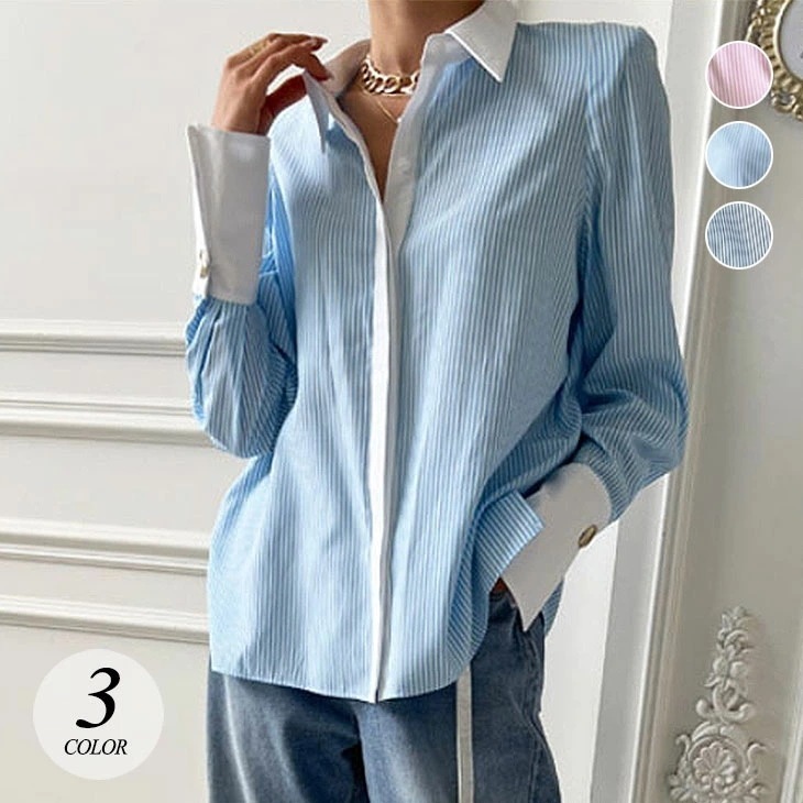 【2025新作 急速出荷】あり・ ストライプ シャツ レディース 長袖 シャツブラウス 春 夏 秋 トップス 長袖シャツ カジュアル きれいめ フェミニン 襟付き 襟シャツ 韓国ファッション