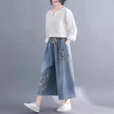 レディース パンツ ボトムス ミディアム ワイドパンツ 膝下 7分丈 ワイド ストリート 刺繍 ウエストリボン ポケット ウエストゴム かわいい シンプル カジュアル おしゃれ こなれ感 ラフ