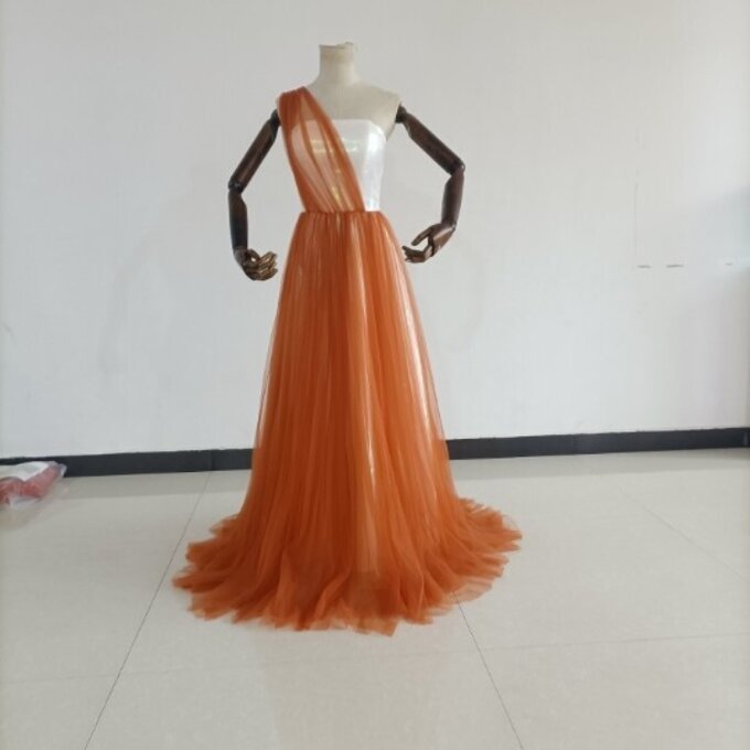 テラコッタ パーティードレス セクシー ワンショルダー ミディアムドレス ノ演奏会/音楽会/
