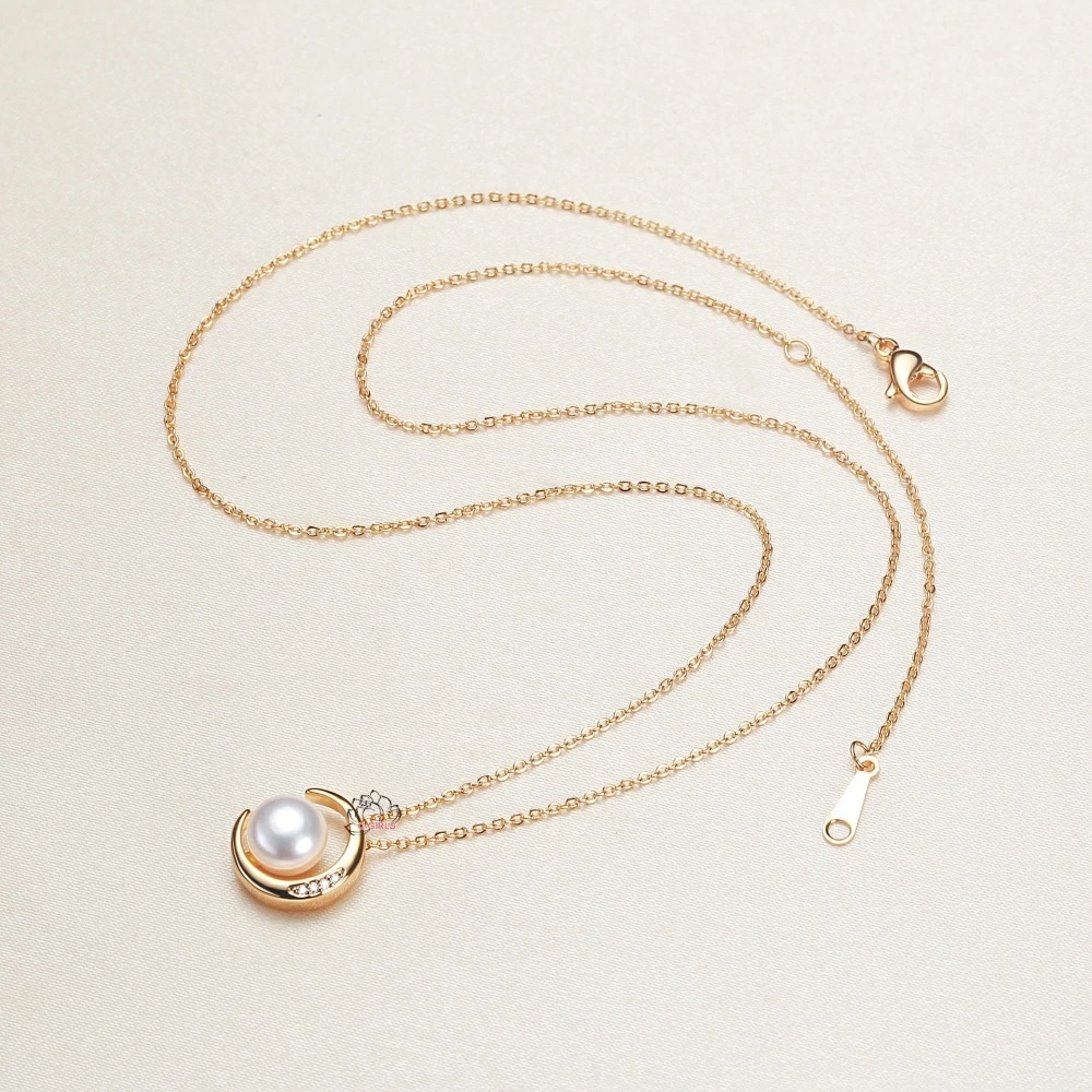 Moon 月 白い 天然真珠 花珠級天然淡水パール CZダイヤ 本真珠 ネックレス 7mm淡水真珠 ゴールド 18K ペンダント 七五三結婚式ウエディング パーティー プレゼント 925シルバー