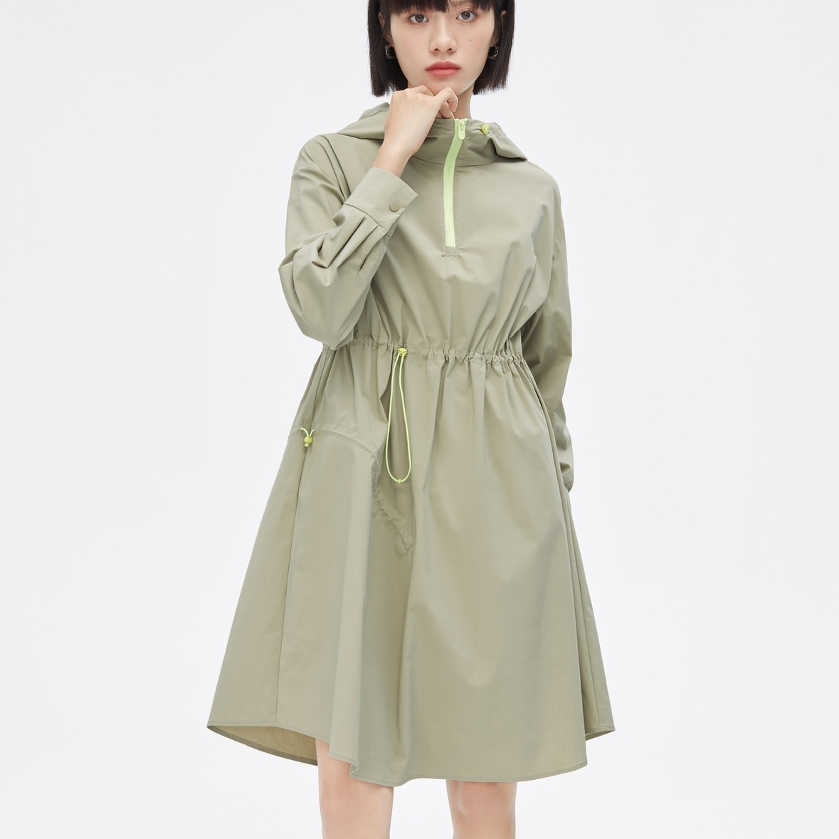 ワンピース ミディアム丈ワンピース 長袖 フード付き ハーフジップ ウエストゴム ハイウエスト Aライン 可愛い かわいい 大人可愛い きれいめ シンプル 上品 おしゃれ かっこいい カジュアル