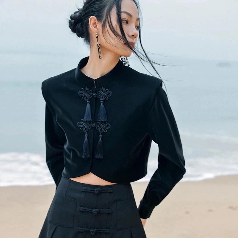 チャイナ風トップス レディース コート ショート丈 チャイナ服 普段着 PU 黒 高見え パンク系