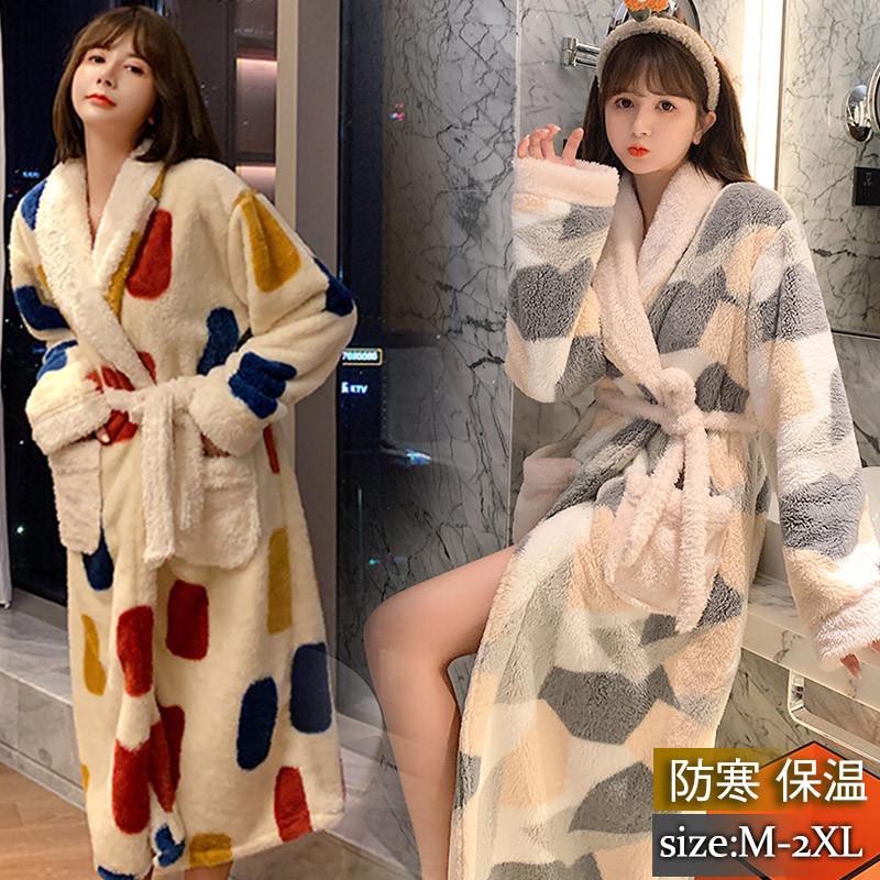 新作 ネグリジェ パジャマ レディース ルームウェア ロング丈 ガウン 浴衣 前開き フランネル もこもこ 防寒 厚手 暖かい 大きくサイズ 可愛い