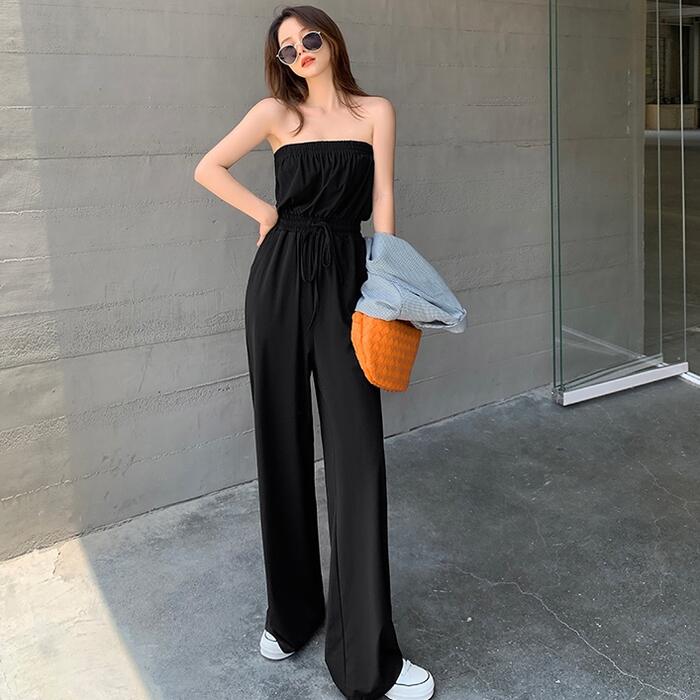 かっこいい 20代 黒 ロング丈 シンプル パンツ ドロスト 夏 ベア オールインワン い カジュアル おしゃれ ハイウエスト レディース コンビネゾン ワイドレッグ サロペットパンツ ブラック 50